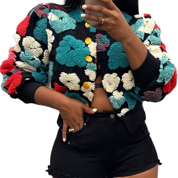 Women's Cropped Floral Print Bomber Jacket Warm Fleece Varsity Jacket Casual But - Picture 1 of 7
